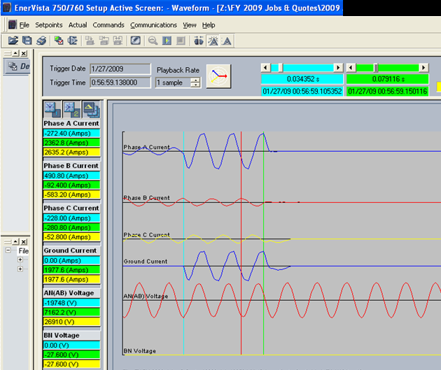 screenshot of waveform showing a fault captured by a power system relay